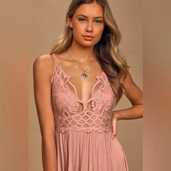 Free People Adella Maxi Slip Rose Pink Lace Dress - Picture 4 of 16